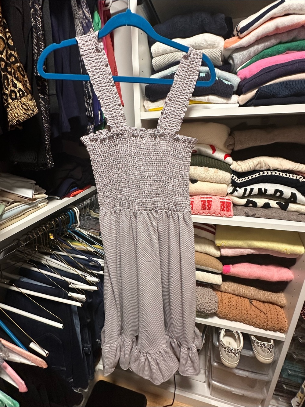 Cache Light Gray Smocked Midi Dress with Ruffle Hem